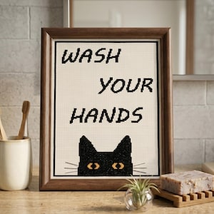 Waschen Sie Ihre Hände Kreuzstich Muster, lustige schwarze Katze Nadelspitze, Badezimmer Humor Dekor, Instant Download Bild 1