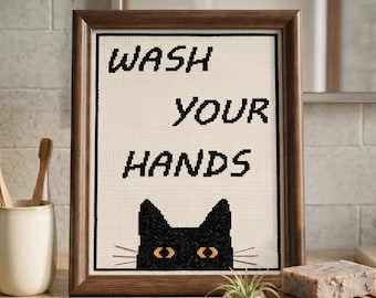 Wash Your Hands Cross Stitch Pattern, Funny Black Cat Needlepoint, Bathroom Humor Decor, Instant Download