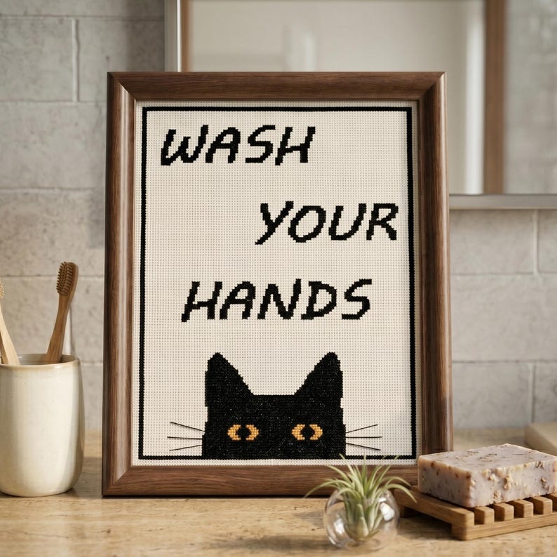 Waschen Sie Ihre Hände Kreuzstich Muster, lustige schwarze Katze Nadelspitze, Badezimmer Humor Dekor, Instant Download Bild 1