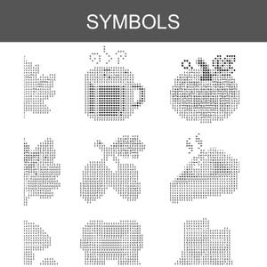 Pode incluir: Uma grade de nove s&iacute;mbolos de arte ASCII em preto e branco sobre um fundo branco, com a palavra SYMBOLS impressa em texto branco numa barra cinzenta escura no topo. Os s&iacute;mbolos incluem uma caneca, uma folha, uma flor e formas.