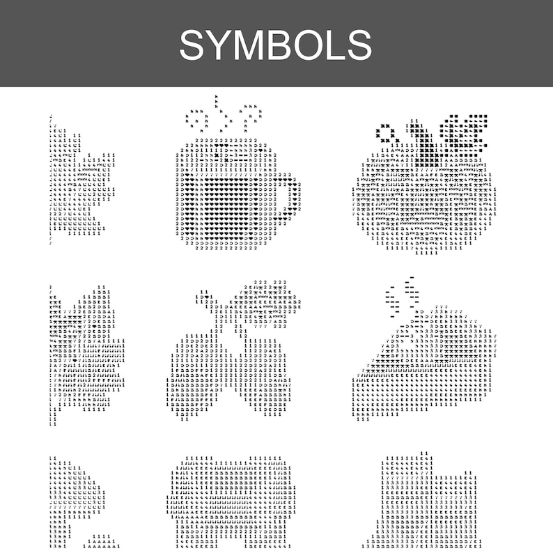 Pode incluir: Uma grade de nove s&iacute;mbolos de arte ASCII em preto e branco sobre um fundo branco, com a palavra SYMBOLS impressa em texto branco numa barra cinzenta escura no topo. Os s&iacute;mbolos incluem uma caneca, uma folha, uma flor e formas.