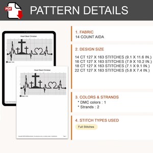 Puede incluir: Un patr&oacute;n de punto de cruz digital titulado Heart Beat Christian que muestra una l&iacute;nea de latido negra con tres cruces y un coraz&oacute;n. El documento especifica tela Aida de 14 count y tama&ntilde;os de dise&ntilde;o de 23,1 x 29,5 cm a 14,7 x 18,8 cm.