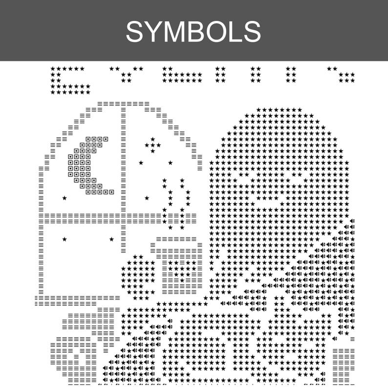 May include: A black and white ASCII art graphic titled SYMBOLS. The design features a window with a crescent moon and stars, a steaming cup, and a large, rounded figure composed of star characters, all rendered in a digital text-based style.
