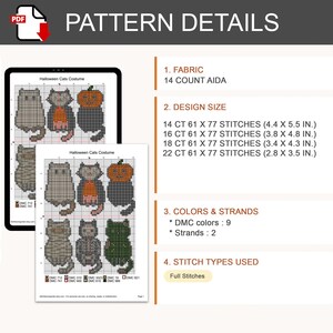 Puede incluir: Un patr&oacute;n de punto de cruz en PDF digital titulado Halloween Cats Costume, con gr&aacute;ficos de cuadr&iacute;cula de gatos disfrazados. Los detalles incluyen tela Aida de 14 count, tama&ntilde;os de dise&ntilde;o de 11,2 x 14,0 cm a 7,1 x 8,9 cm, 9 colores DMC, 2 hebras y puntos completos.