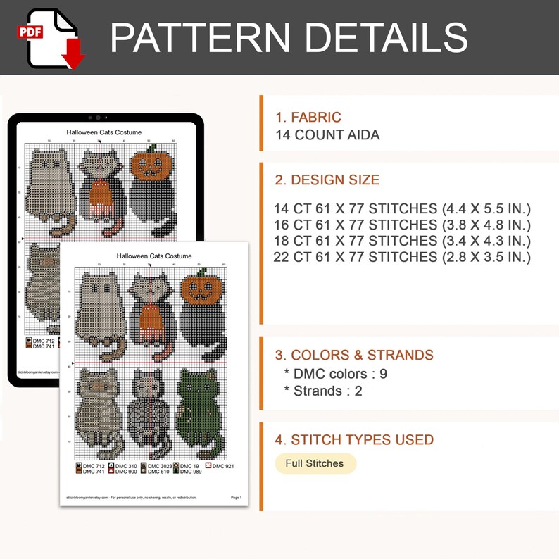 Puede incluir: Un patr&oacute;n de punto de cruz en PDF digital titulado Halloween Cats Costume, con gr&aacute;ficos de cuadr&iacute;cula de gatos disfrazados. Los detalles incluyen tela Aida de 14 count, tama&ntilde;os de dise&ntilde;o de 11,2 x 14,0 cm a 7,1 x 8,9 cm, 9 colores DMC, 2 hebras y puntos completos.