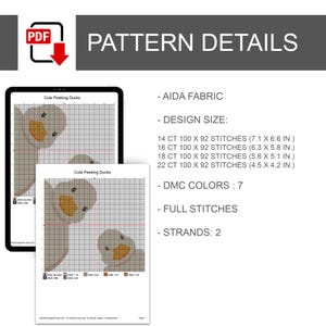K&ouml;nnte beinhalten: Ein digitales Kreuzstichmuster mit dem Titel Cute Peeking Ducks, das ein Rasterdesign mit zwei Enten zeigt. Der Text enth&auml;lt Musterdetails, Aida-Stoffanforderungen, Designgr&ouml;&szlig;en in Zoll f&uuml;r 14, 16, 18 und 22 Count, 7 DMC-Farben, ganze Stiche und 2 F&auml;den.