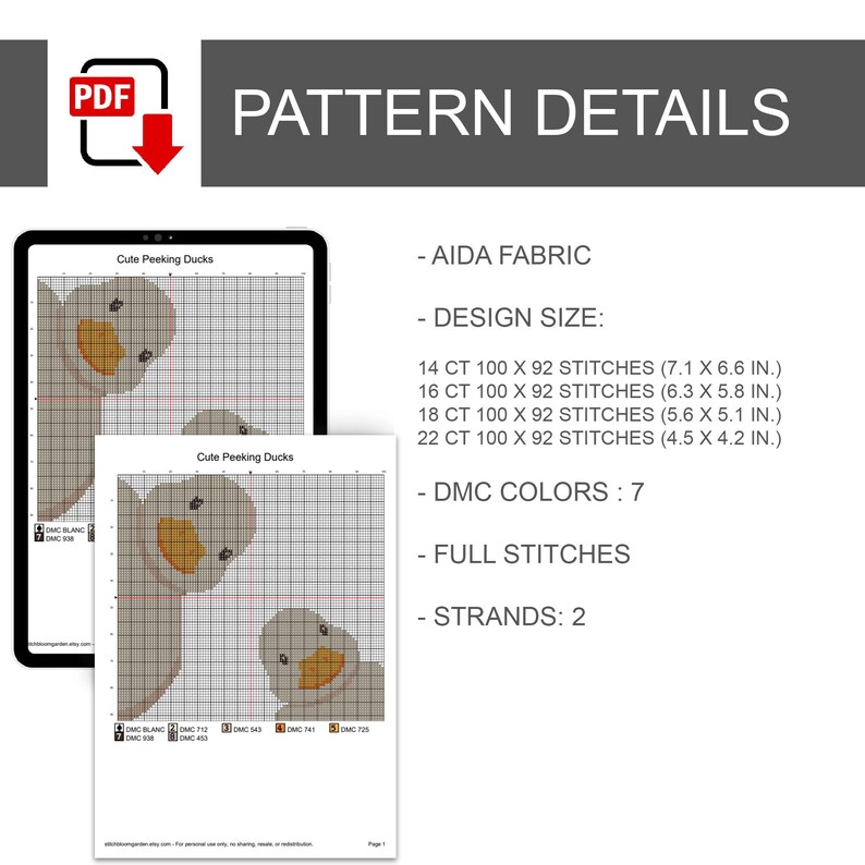 K&ouml;nnte beinhalten: Ein digitales Kreuzstichmuster mit dem Titel Cute Peeking Ducks, das ein Rasterdesign mit zwei Enten zeigt. Der Text enth&auml;lt Musterdetails, Aida-Stoffanforderungen, Designgr&ouml;&szlig;en in Zoll f&uuml;r 14, 16, 18 und 22 Count, 7 DMC-Farben, ganze Stiche und 2 F&auml;den.