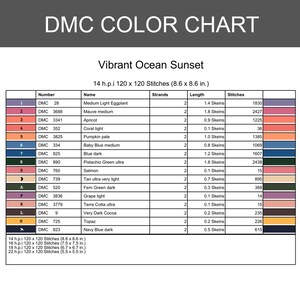 May include: A DMC colour chart titled Vibrant Ocean Sunset, listing 16 thread colours with DMC numbers, names, strand counts, skein lengths, and stitch counts. The chart specifies 14 h.p.i. 120 x 120 stitches measuring 21.8 x 21.8 cm.