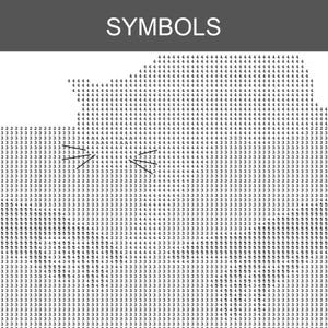 Pode incluir: Um padr&atilde;o de ponto cruz em preto e branco com a palavra SYMBOLS no topo. A grade cont&eacute;m os n&uacute;meros 2, 3, 4, 5 e a letra A, formando a silhueta de um rosto de gato com bigodes representados por linhas pretas finas.