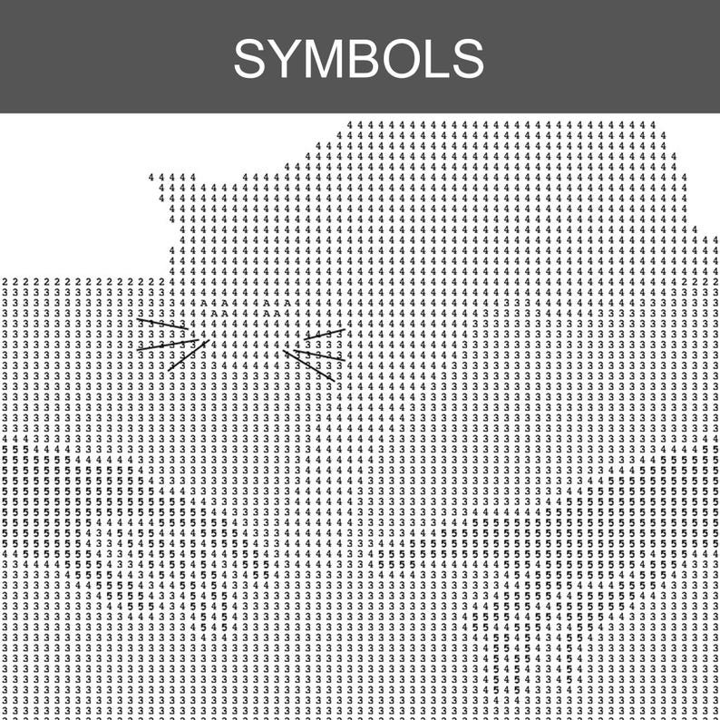 Pode incluir: Um padr&atilde;o de ponto cruz em preto e branco com a palavra SYMBOLS no topo. A grade cont&eacute;m os n&uacute;meros 2, 3, 4, 5 e a letra A, formando a silhueta de um rosto de gato com bigodes representados por linhas pretas finas.