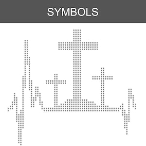 May include: A black and white cross-stitch pattern titled SYMBOLS, featuring a heartbeat line design that incorporates three crosses of varying heights. The entire graphic is composed of the letter N repeated to form the shapes on a white background.