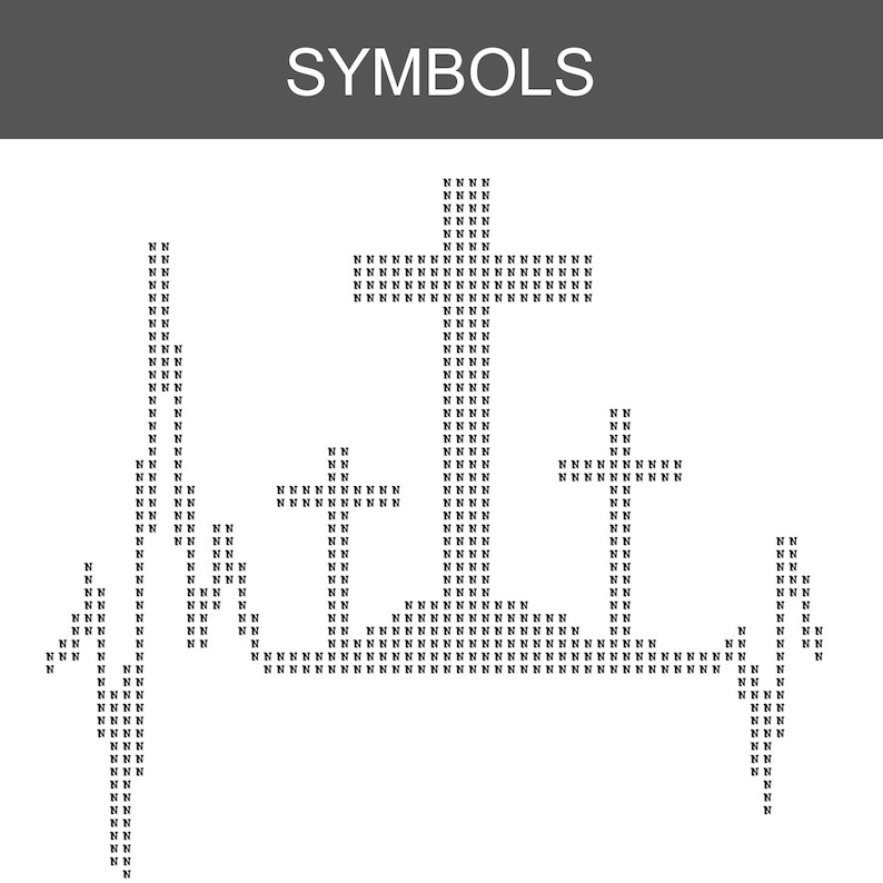 May include: A black and white cross-stitch pattern titled SYMBOLS, featuring a heartbeat line design that incorporates three crosses of varying heights. The entire graphic is composed of the letter N repeated to form the shapes on a white background.