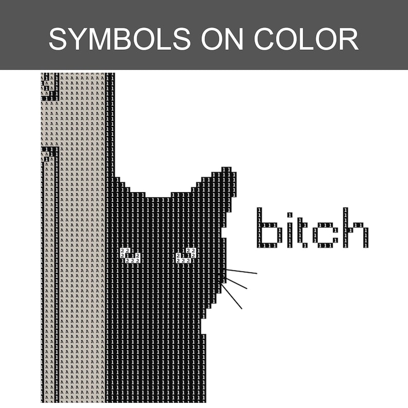 Puede incluir: Un patr&oacute;n de punto de cruz con la silueta de un gato negro sobre un fondo de cuadr&iacute;cula, el texto SYMBOLS ON COLOR en la parte superior y la palabra bitch en una fuente pixelada a la derecha del gato. El dise&ntilde;o usa s&iacute;mbolos numerados.