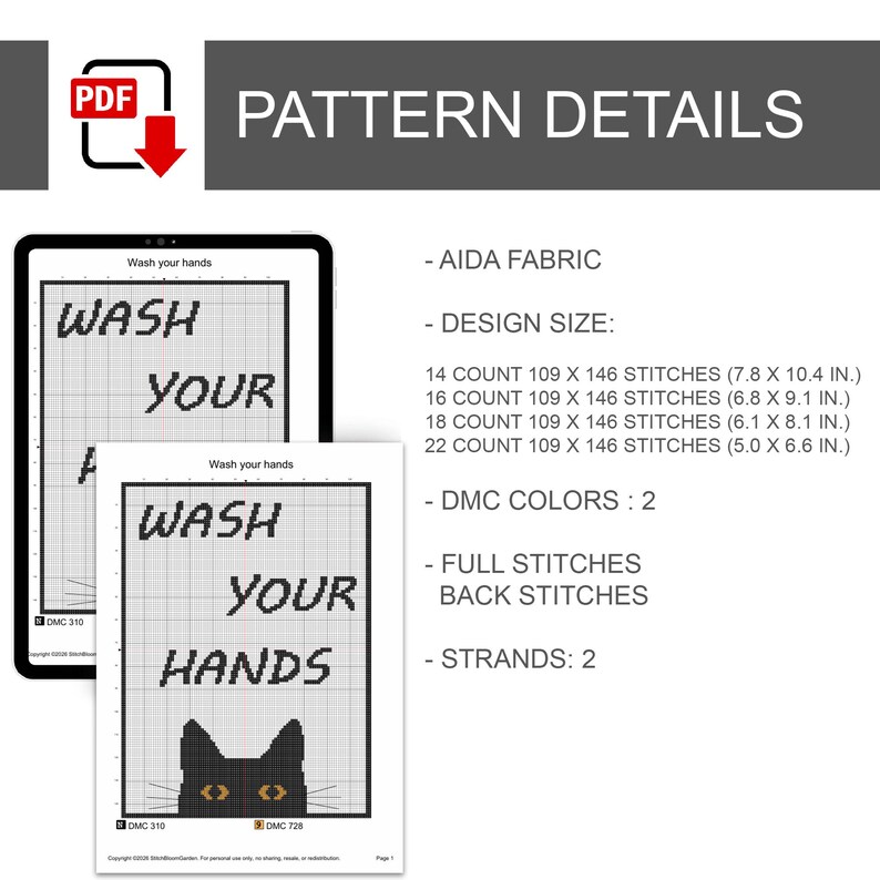 K&ouml;nnte beinhalten: Ein digitales Kreuzstichmuster-PDF mit dem Titel Wash Your Hands und einer schwarzen Katzengrafik. Details umfassen Aida-Stoff, Designgr&ouml;&szlig;en f&uuml;r 14, 16, 18 und 22 Count von 19,8 x 26,4 cm bis 12,7 x 16,8 cm, 2 DMC-Farben und 2 Stickf&auml;den.