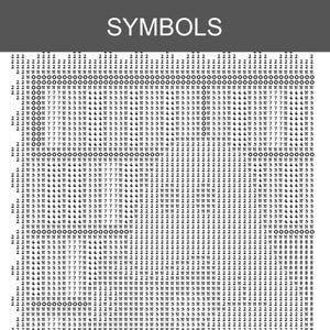 K&ouml;nnte beinhalten: Ein grauer Hintergrund mit dem Wort "SYMBOLS" in Wei&szlig; oben. Das Bild ist mit einem Muster aus Zahlen, Buchstaben und Symbolen in Schwarz und Wei&szlig; gef&uuml;llt, wodurch ein strukturierter Effekt entsteht.