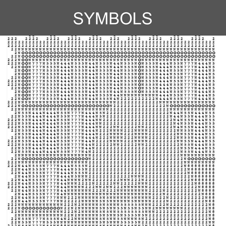 K&ouml;nnte beinhalten: Ein grauer Hintergrund mit dem Wort "SYMBOLS" in Wei&szlig; oben. Das Bild ist mit einem Muster aus Zahlen, Buchstaben und Symbolen in Schwarz und Wei&szlig; gef&uuml;llt, wodurch ein strukturierter Effekt entsteht.