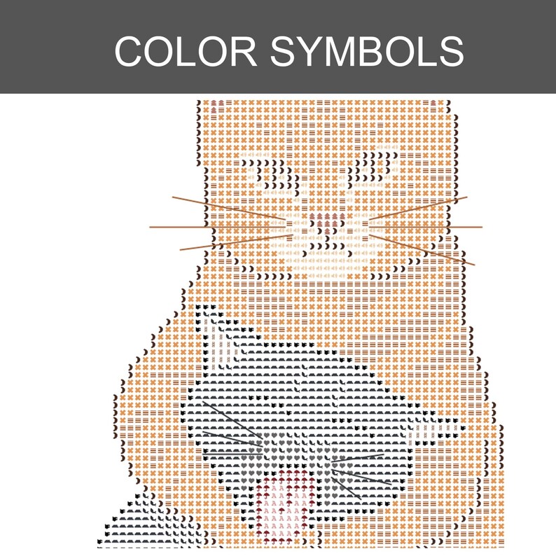 Puede incluir: Un patr&oacute;n de punto de cruz titulado COLOR SYMBOLS que presenta un dise&ntilde;o en cuadr&iacute;cula de un gato. La imagen utiliza varios s&iacute;mbolos tipogr&aacute;ficos e iconos para representar diferentes colores de hilo, formando la cabeza de un felino.