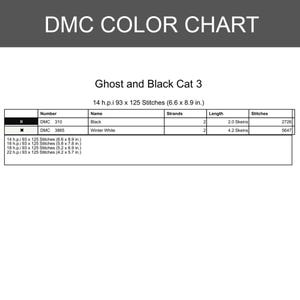 May include: A DMC color chart titled "Ghost and Black Cat 3." The chart includes color information for black and winter white threads, with details on strands, length, and stitches. The chart also lists the number of stitches for different fabric sizes.