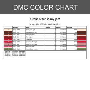 Peut inclure: Un nuancier DMC pour un mod&egrave;le de point de croix intitul&eacute; Cross stitch is my jam. Le tableau indique les num&eacute;ros de fil, les noms, le nombre de brins, les longueurs en &eacute;chevettes et le nombre de points pour diverses couleurs.