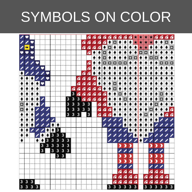 Op de afbeelding: Een kruissteekpatroon met de titel SYMBOLS ON COLOR, bestaande uit een raster met diverse symbolen zoals harten, schoppen, sterren, vierkanten en het cijfer 3. Het ontwerp maakt gebruik van de kleuren rood, blauw, zwart en wit.