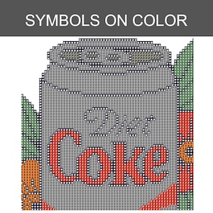 May include: A cross-stitch pattern chart titled SYMBOLS ON COLOR featuring a gray soda can with the text Diet Coke in red letters. The design includes green leaf accents and orange elements, with each section filled with repeating letter symbols.