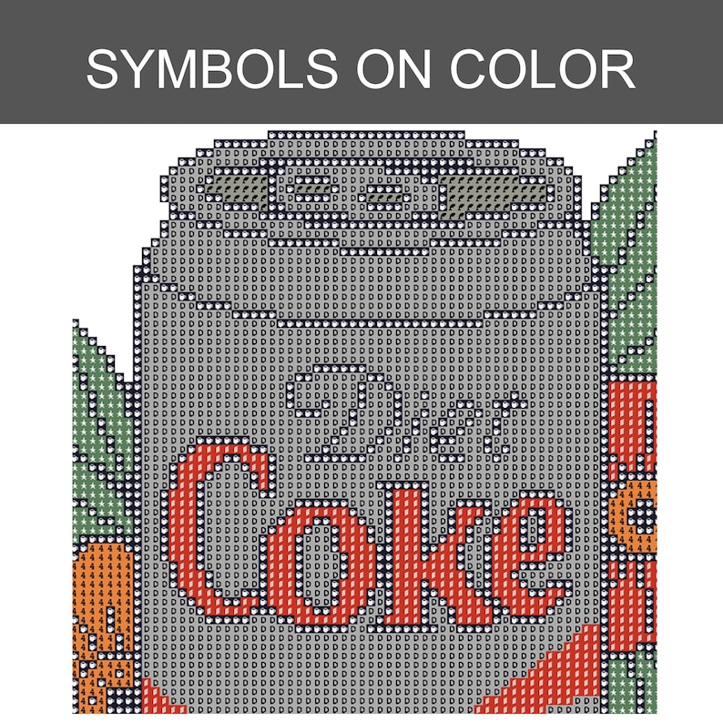May include: A cross-stitch pattern chart titled SYMBOLS ON COLOR featuring a gray soda can with the text Diet Coke in red letters. The design includes green leaf accents and orange elements, with each section filled with repeating letter symbols.