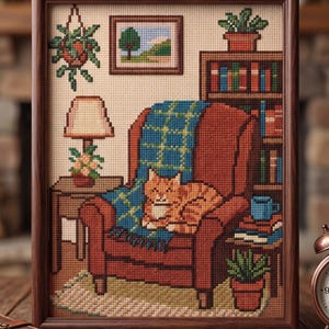 Cozy Orange Cat Cross Stitch Pattern, Living Room Scene Needlepoint, Instant Download image 6