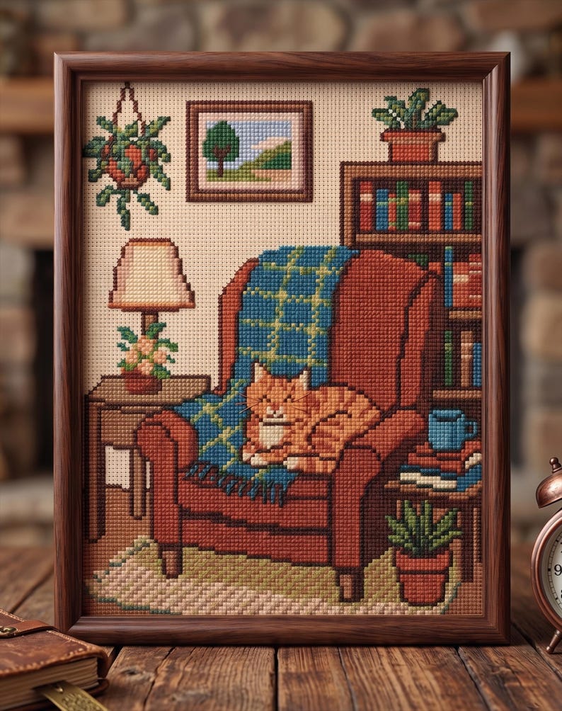Cozy Orange Cat Cross Stitch Pattern, Living Room Scene Needlepoint, Instant Download image 6
