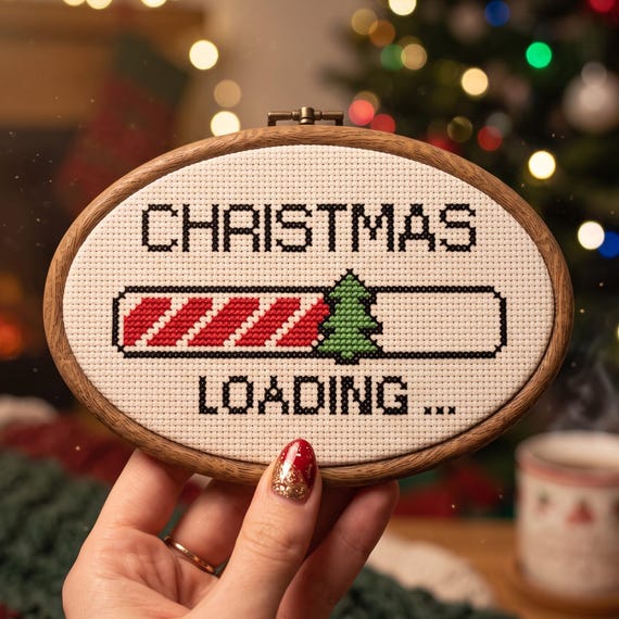 Christmas Loading Cross Stitch Pattern, Holiday Progress Bar Needlepoint Chart, Instant Download PDF