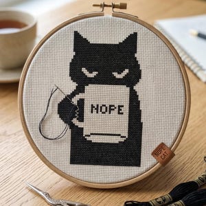 May include: A cross-stitch design of a black cat holding a mug with the word "HOPE". The cat is stitched on a beige fabric, framed in a wooden hoop. The text "CROSS STITCH PATTERN - INSTANT DOWNLOAD" is at the top.