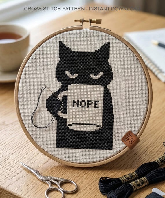 Funny Black Cat Cross Stitch Pattern, Instant Download PDF