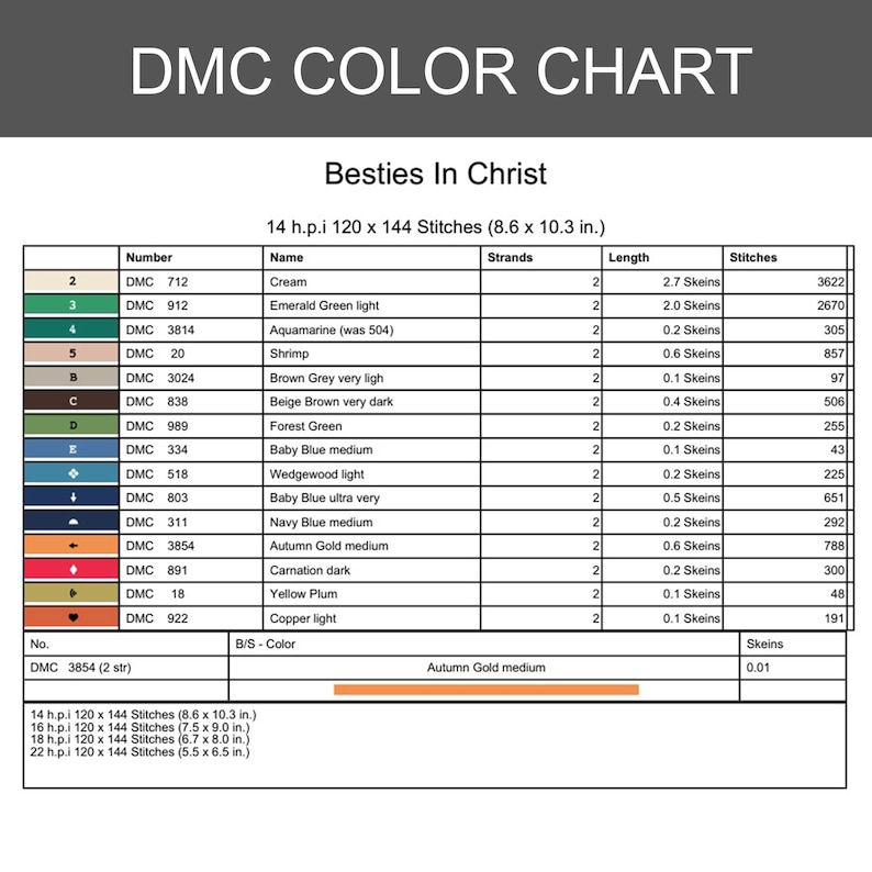 May include: DMC color chart for "Besties In Christ" cross-stitch project. Includes color names, numbers, and stitch counts. Chart dimensions are 8.6 x 10.3 inches. Features a list of thread colors like cream, emerald green, and baby blue.