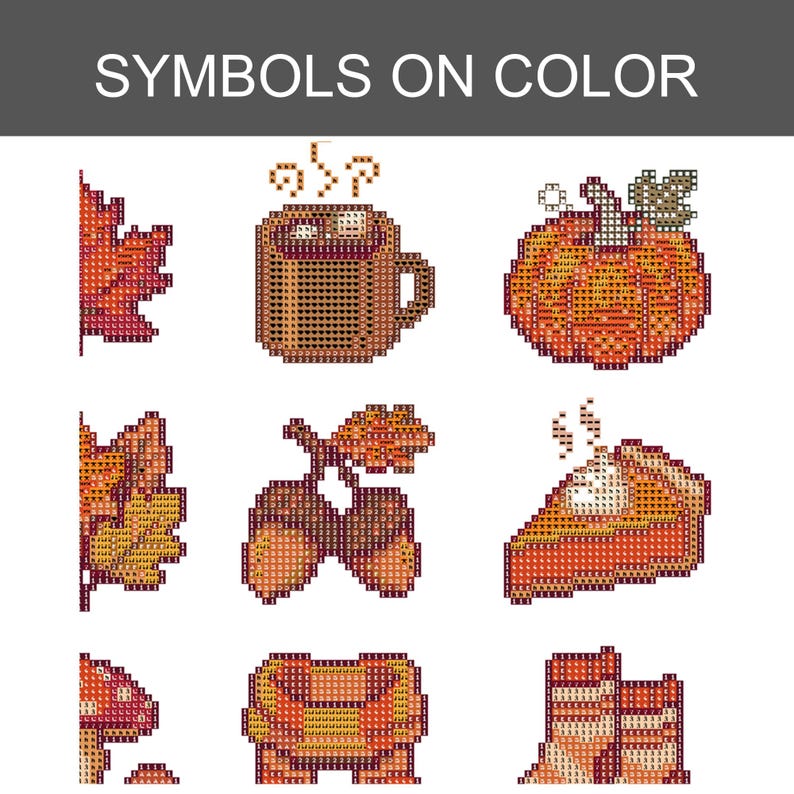 Pode incluir: Uma grade de &iacute;cones pixelados com tema de outono rotulada SYMBOLS ON COLOR, apresentando uma folha de bordo, uma caneca com vapor, uma ab&oacute;bora, folhas de carvalho, bolotas, uma fatia de torta, um cogumelo, um su&eacute;ter e botas, feitos de quadrados.