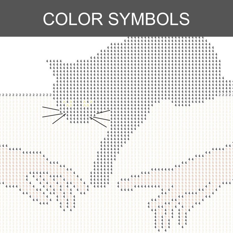 Pode incluir: Um padr&atilde;o de pintura de diamante rotulado COLOR SYMBOLS apresentando uma silhueta de gato formada pelo n&uacute;mero 4, com bigodes desenhados em linhas pretas. As &aacute;reas circundantes est&atilde;o preenchidas com os n&uacute;meros 2, 4 e 5 para as cores.