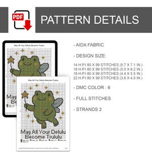 May include: A cross-stitch pattern design with the text "May All Your Delulu Become Trululu" featuring a cartoon frog holding a star wand. The design size is listed in inches, with stitch counts for various fabric sizes. Includes DMC color information.