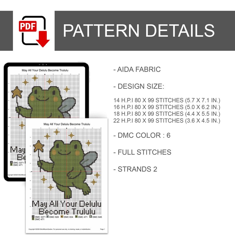May include: A cross-stitch pattern design with the text "May All Your Delulu Become Trululu" featuring a cartoon frog holding a star wand. The design size is listed in inches, with stitch counts for various fabric sizes. Includes DMC color information.