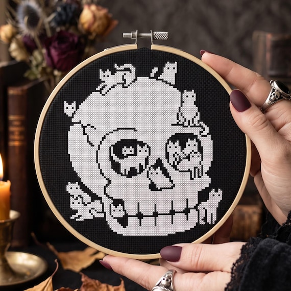 Skull Infested With Cats Cross Stitch Pattern PDF | Gothic Skull Tiny Kittens Black Canvas Needlepoint Chart (Instant Download)