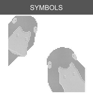 May include: A graphic chart titled SYMBOLS featuring two distinct shapes composed of small, repeating black heart icons. The left shape is an elongated, curved form, while the right shape is a rounded, blocky form, both set against a white background.