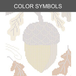 May include: A diamond painting pattern featuring an acorn and oak leaves on a white background. The design is composed of a grid of letters and numbers, including 2, 3, 4, 7, 9, and B, which serve as color symbols. The text COLOR SYMBOLS appears at the top.