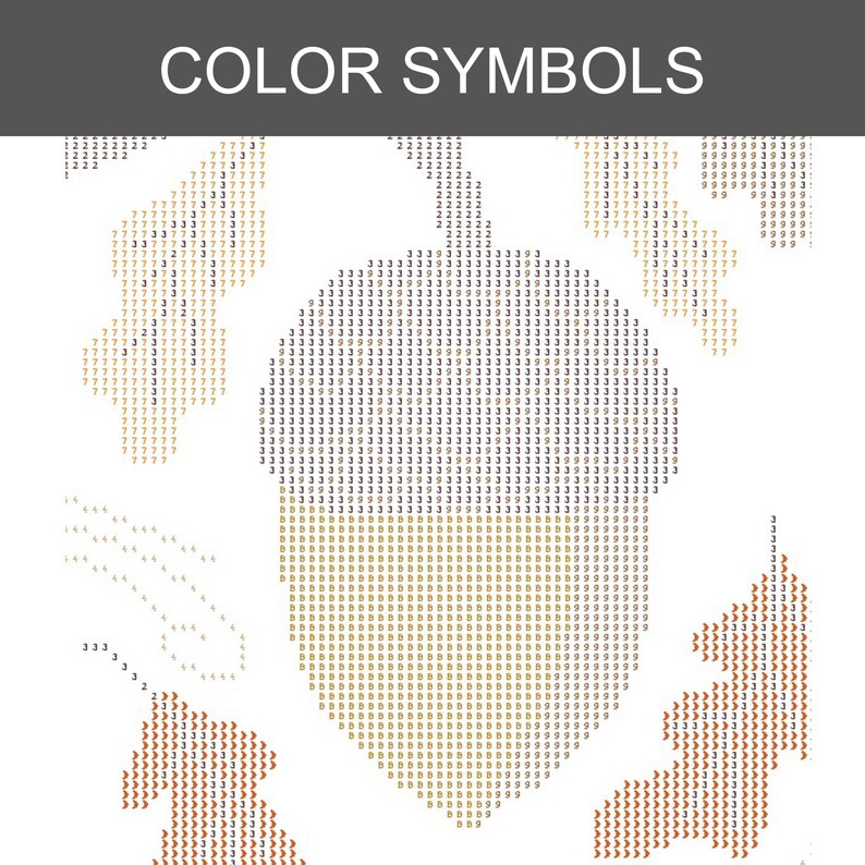 May include: A diamond painting pattern featuring an acorn and oak leaves on a white background. The design is composed of a grid of letters and numbers, including 2, 3, 4, 7, 9, and B, which serve as color symbols. The text COLOR SYMBOLS appears at the top.