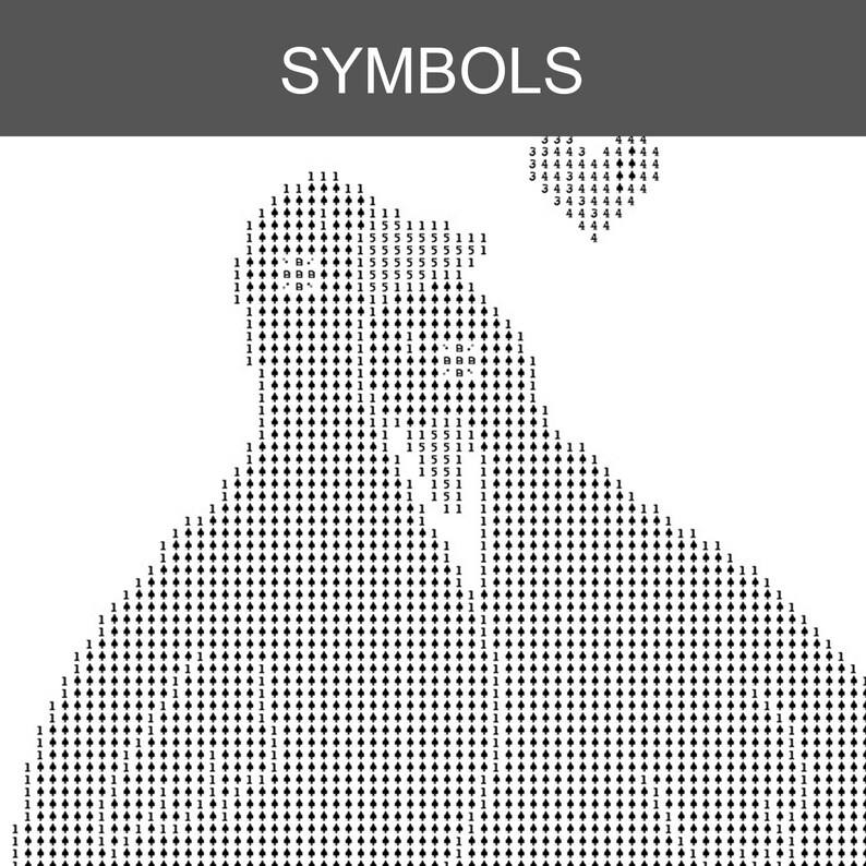 Puede incluir: Gr&aacute;fico en blanco y negro de una cordillera creada con n&uacute;meros y s&iacute;mbolos. La palabra "SYMBOLS" est&aacute; en la parte superior de la imagen en un cuadro gris. La imagen es una representaci&oacute;n pixelada de un paisaje monta&ntilde;oso.