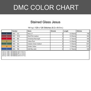 Może przedstawiać: Tabela kolor&oacute;w DMC zatytułowana "Stained Glass Jesus" z tabelą kolor&oacute;w nici, w tym Navy LT, Shell Pink, Christmas Red i Yellow Plum. Tabela zawiera liczbę ścieg&oacute;w i wymiary w calach.