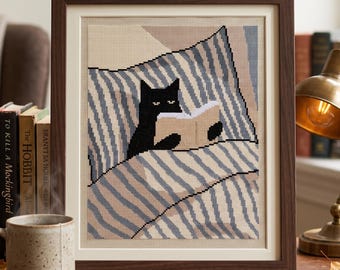 Patrón de punto de cruz de gato negro leyendo / Bordado en PDF leyendo / Descarga instantánea