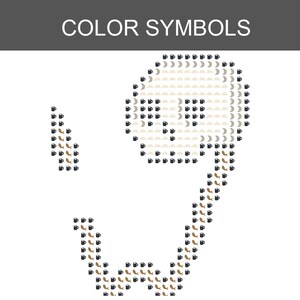 May include: A color symbol chart featuring the text COLOR SYMBOLS at the top. The image displays a graphic composed of small icons, including black coffee mugs, brown fish, and beige crescent moons, arranged to form a stylized skull shape.