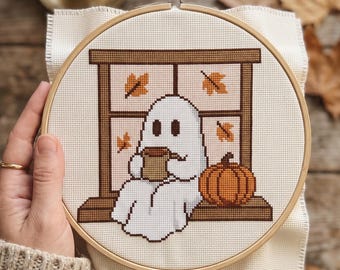 Cozy Ghost Coffee Window Cross Stitch Pattern, Halloween Needlepoint Chart, Spooky Stitching, Instant Download