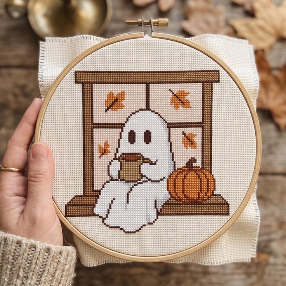 Cozy Ghost Coffee Window Cross Stitch Pattern, Halloween Needlepoint Chart, Spooky Stitching, Instant Download