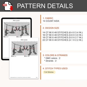May include: A digital cross-stitch pattern titled Witch Laundry featuring a clothesline with a cat, hat, boots, and socks. Details include 14 count Aida fabric, design sizes from 16.3 x 8.6 cm to 10.4 x 5.6 cm, 2 DMC colours, 2 strands, and full stitches.