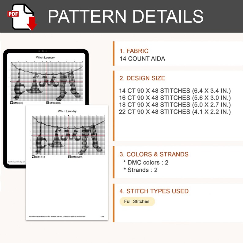 May include: A digital cross-stitch pattern titled Witch Laundry featuring a clothesline with a cat, hat, boots, and socks. Details include 14 count Aida fabric, design sizes from 16.3 x 8.6 cm to 10.4 x 5.6 cm, 2 DMC colours, 2 strands, and full stitches.
