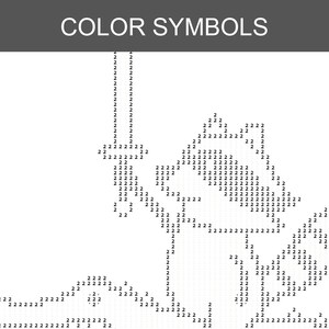 May include: A paint-by-number pattern on a white background with the text COLOR SYMBOLS at the top. The design features a black outline formed by the number 2, depicting a character holding a sword, with a grid layout for color application.