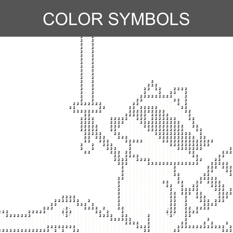 May include: A paint-by-number pattern on a white background with the text COLOR SYMBOLS at the top. The design features a black outline formed by the number 2, depicting a character holding a sword, with a grid layout for color application.